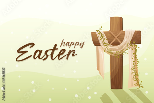 Christian Easter cross illustration with wooden crucifix cloth and spring branches in soft flat style