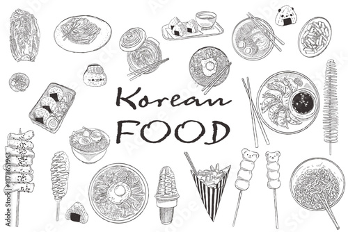 Hand drawn Korean food illustration set with traditional dishes and street food elements