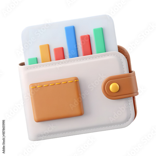A 3D illustration of a wallet made of leather with a card slot, holding colorful bar charts representing financial data or growth.