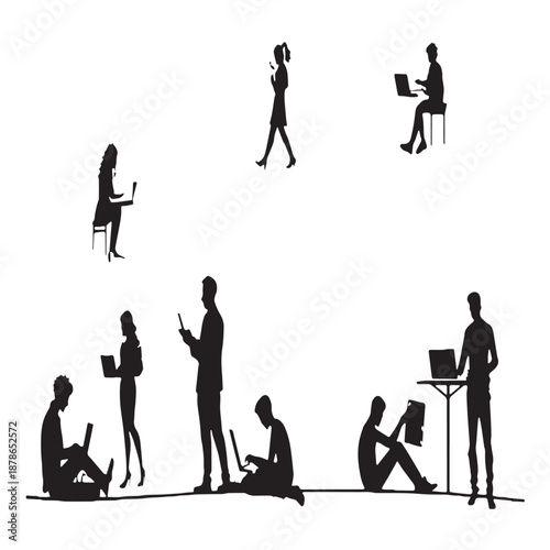 Black digital nomads global teams Silhouette Vector, High Quality Illustration on White Background