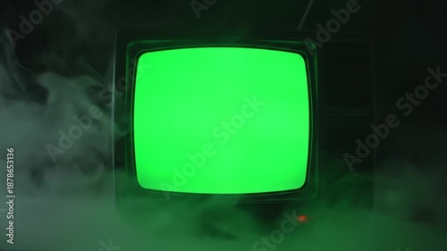A vintage television displaying a bright green tv green screen with fog and smoke in the background.