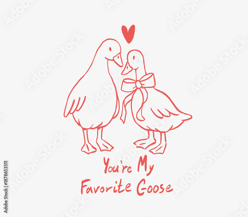 Valentine illustration with two geese in love, bow and heart, romantic lettering “You’re My Favorite Goose”. Playful minimal line art for cards, prints, stickers and gifts.