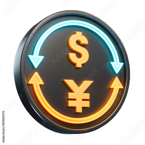 An image depicting a circular icon with symbols for the US dollar and Japanese yen, surrounded by arrows indicating exchange or conversion.