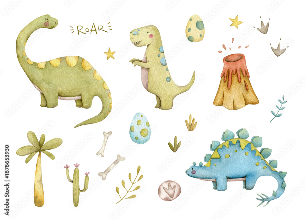 Fototapeta premium Set of cute watercolor illustrations of prehistoric dinosaurs, volcano, egg, palm trees, footprints and plants isolated on the background. High quality illustration