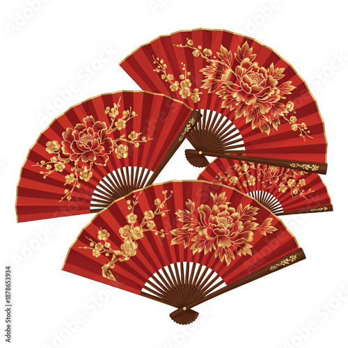 Red Handheld Fans with Golden Dragon Designs.
