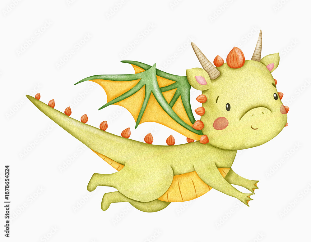Fototapeta premium Cute watercolor green dragon with red spikes, horns and tail flying in the air. Children's illustration for invitations and baby showers