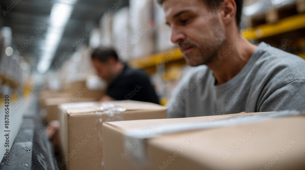 Obraz premium Team packing boxes for shipping in a small e-commerce setting.