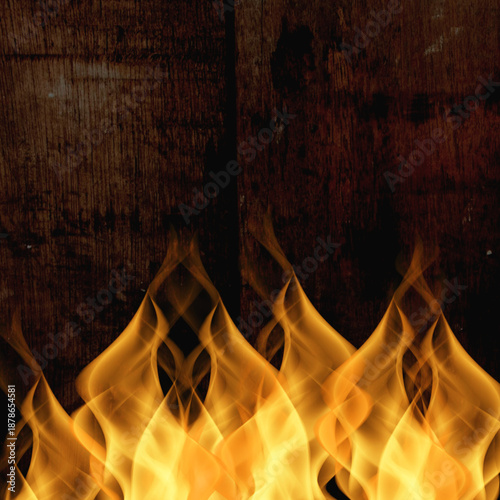 Foto Rustic wooden wall background with bright orange flames in foreground creating d