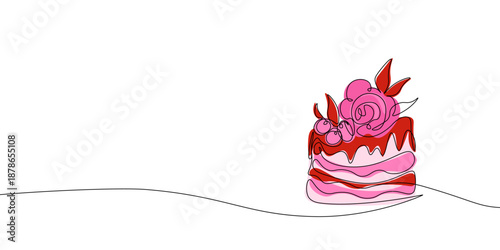 Birthday cake icon in one line drawing. Cream decorated cake with fruits single line art style, sweet layered pastry with and berries, bakery concept. Vector Illustration