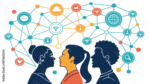 A detailed flat vector illustration depicts a network of interconnected digital devices showcasing the concept of social networking and global communication effectively