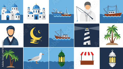 Collage of Grecian island seascapes with blue domes, boats, and palm trees along the Mediterranean coast.