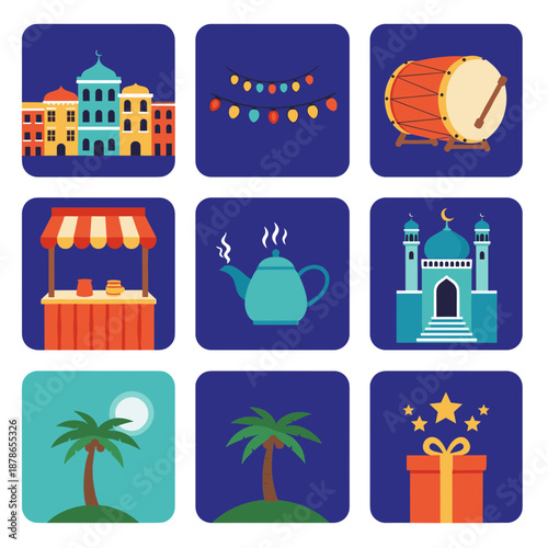 Colorful collection of travel icons featuring buildings, markets, festivals, palm trees and festive treasures in a grid.