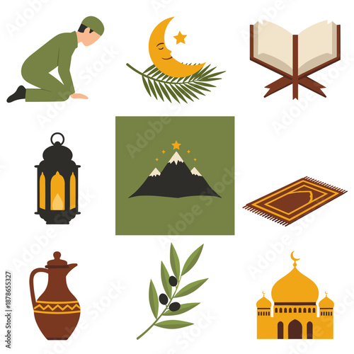 Illustration of Islamic cultural and religious symbols featuring prayer, mosque motifs, lanterns, and crescent imagery.