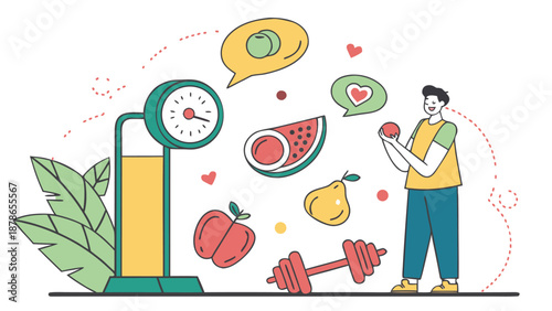 This vector illustration depicts a concept of a healthy lifestyle and weight management utilizing design elements to promote wellness and balance