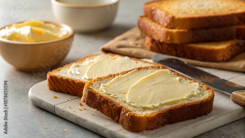 Two slices of toast with generous spread of butter and honey, accompanied by additional bread and condiments