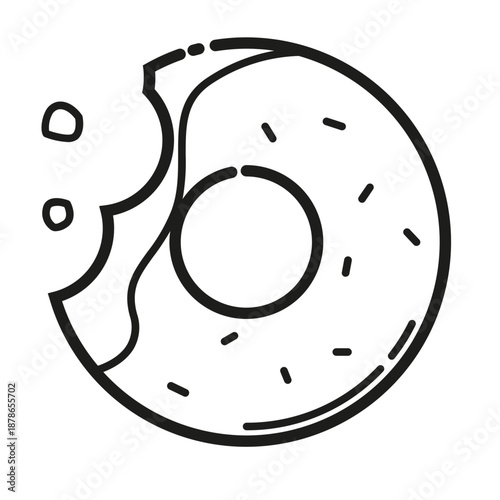 Doughnut with a Bite: A line art illustration of a delicious doughnut with a single bite taken out, perfect for food-themed designs.