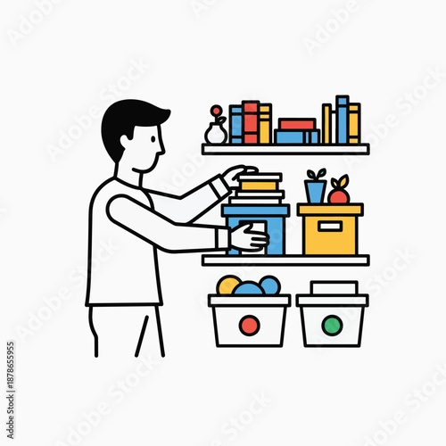 Man Organizing Books on Shelves Storage.