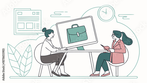 a detailed illustration depicting a professional job interview scenario with two individuals engaged in a discussion focused on career advancement and human resources