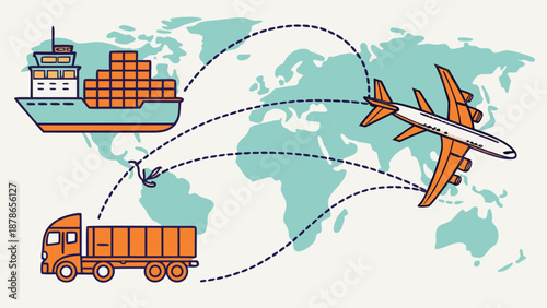 A detailed linear art illustration depicts a complex freight transportation network featuring trucks containers and logistical pathways showcasing modern supply chain dynamics