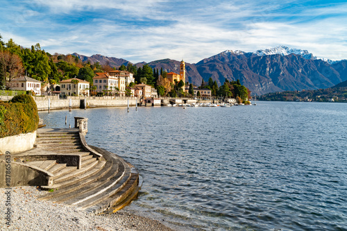 A view of Tremezzina and Bellagio, on Lake Como, in autumn.
