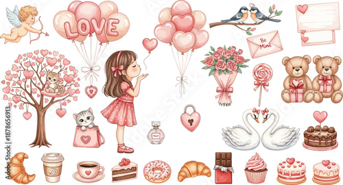 Valentine s day illustration set with sweet treats and romantic symbols
