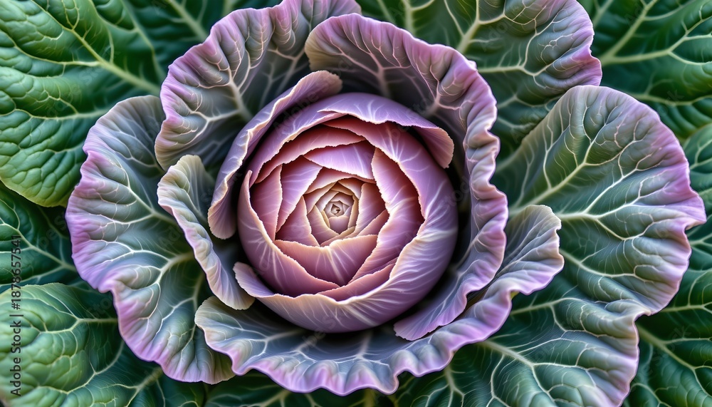 Obraz premium The image depicts a close up of a large, ornate cabbage with tightly layered leaves forming a rosette pattern