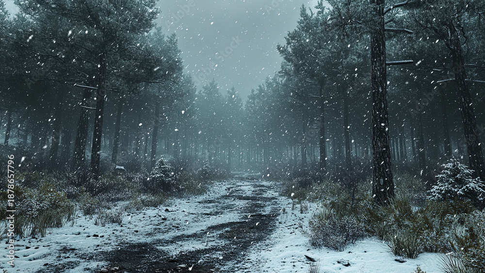 Fototapeta premium snowfall in the spruce forest trees background, winter, fir, pine 