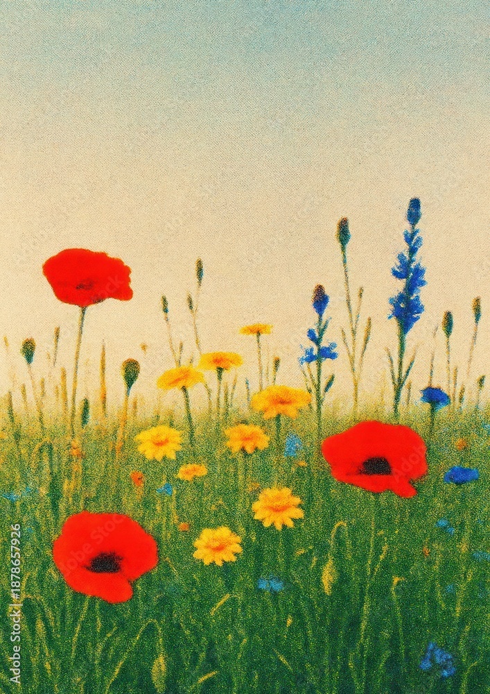 Fototapeta premium Vibrant wildflowers under clear sky.