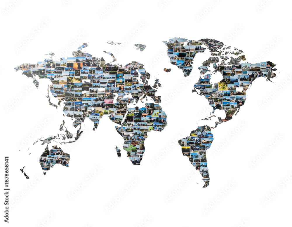 Fototapeta premium World map composed of a mosaic of travel photographs showing diverse landscapes and cultures