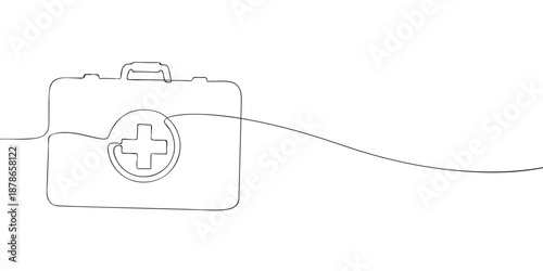 Minimal line illustration of a first aid kit with a medical cross symbol, representing emergency care, healthcare preparedness, and medical supplies.