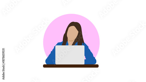 girl in blue dress with laptop-businesswoman working in office illustration 