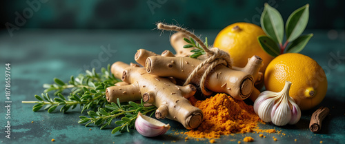 Fresh herbs and spices with turmeric and garlic on textured surface  