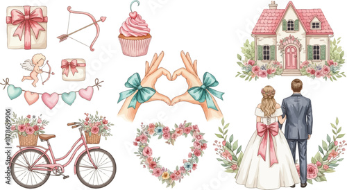 Wedding decorations and romantic couple in front of a house