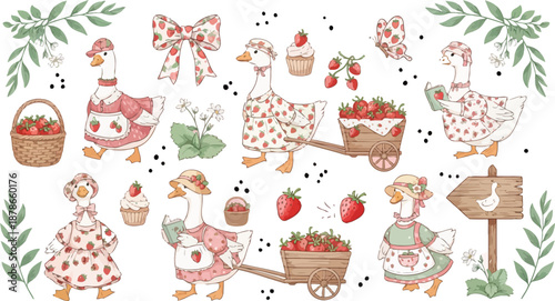 Whimsical forest animals with baskets and garden tools illustration