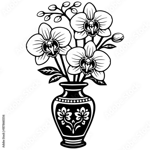 Bouquet of orchid flowers in vase vector line art, black and white botanical illustration for engrave