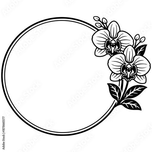 Two orchid flowers in round frame vector line art, black and white botanical illustration for engrave and prints