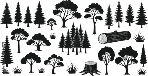 Black forest tree silhouettes set with pine and deciduous trees, logs and stumps, nature woodland vector elements for landscape design