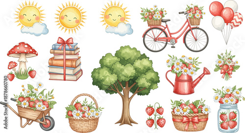 Whimsical garden illustrations with trees plants flowers and gardening tools