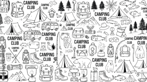 Camping club hand drawn doodle set, outdoor adventure elements with tents backpacks fish van lanterns, black and white vector illustration