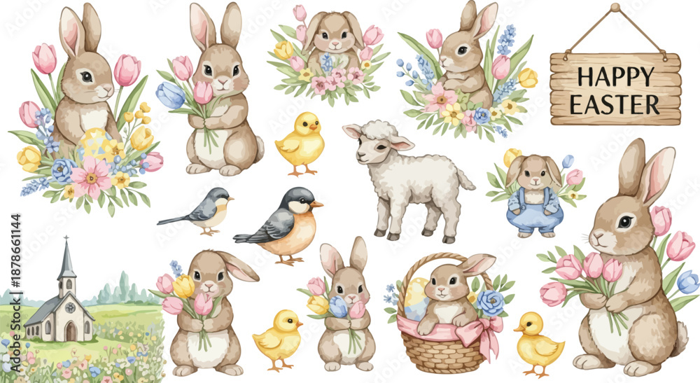 Obraz premium Easter celebration with bunnies lambs chicks and spring flowers