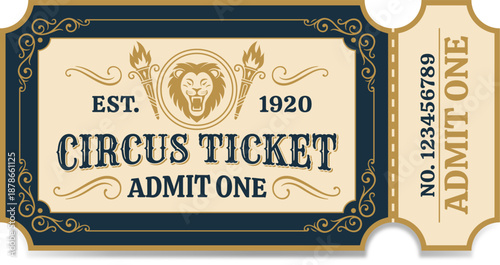 Retro circus ticket with lion emblem. Blue and gold colours.