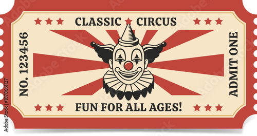 Vintage circus ticket with clown illustration. Black and red colours.