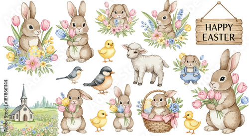 Easter celebration with bunnies lambs chicks and spring flowers