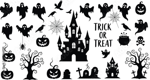Halloween spooky elements vector set, ghost silhouettes, haunted castle, pumpkins, bats and graveyard icons for trick or treat designs, party decor, and illustrations