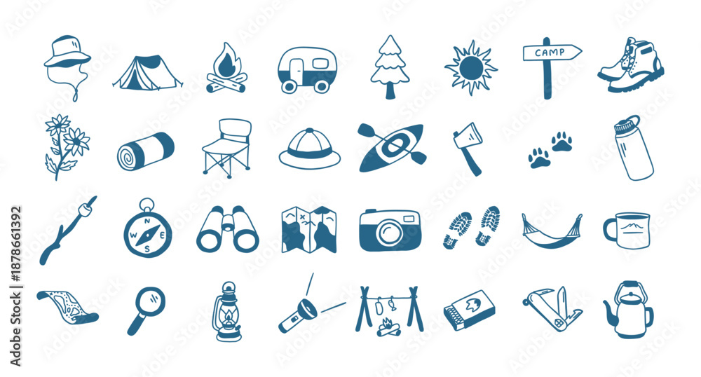 Fototapeta premium Hand Drawn Camping Icons Set with Outdoor Adventure and Survival Elements