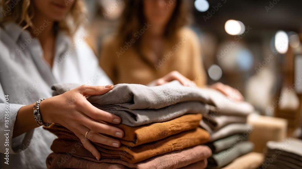 Obraz premium Faceless cropped female customers examining stack of organic clothing and cotton colors in eco-friendly shop showroom, light modern eco friendly fabric shop, sustainable shopping, defocused