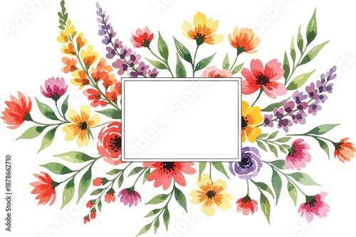 Colorful floral arrangement with blank white rectangle in center for text