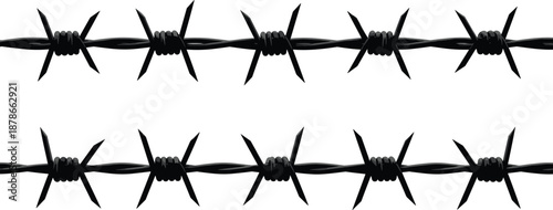 Barbed wire border illustration, sharp metal security element, danger warning design, isolated razor wire pattern on white background vector set