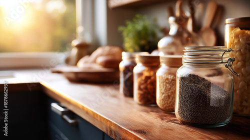 Wallpaper Mural Sunlit kitchen counter featuring glass jars filled with various ingredients, creating warm and inviting atmosphere, emphasizing natural light and beauty of everyday home life, with copy space Torontodigital.ca