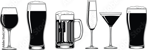Alcohol drink glass silhouettes set, beer wine cocktail champagne collection, bar beverage icons illustration, black white vector design for menu branding print advertising marketing